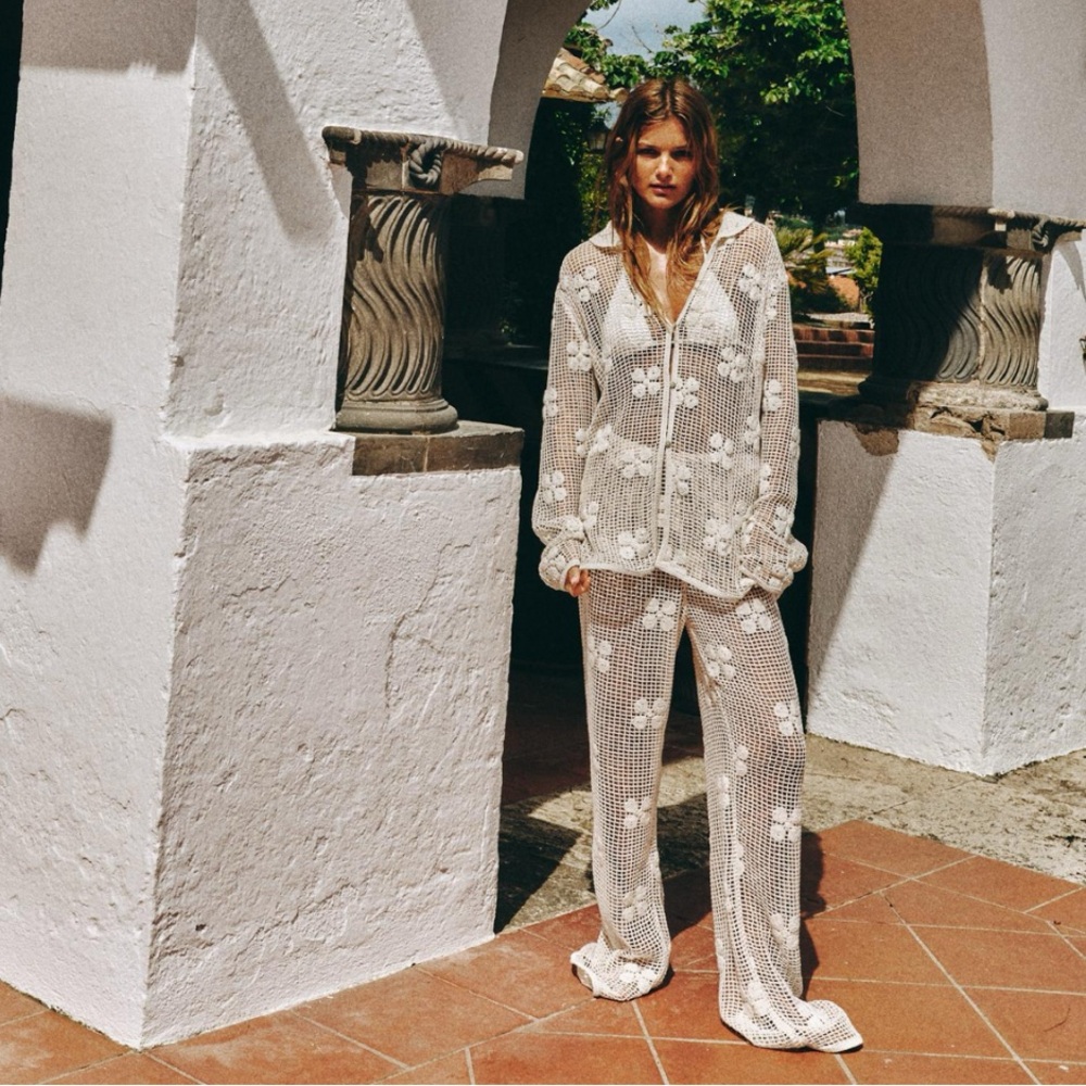 Zara Cream Crochet Open-Knit Buttoned Top and Pant Set - Picture 11 of 13